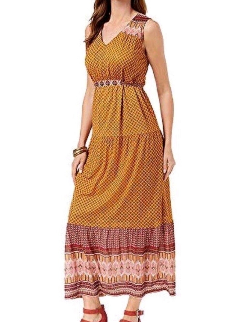 Style & Co. Mustard Yellow Maxi Dress with Pink And Burgundy Accents